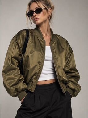 Ci Sono Olive Green Satin Bomber Jacket